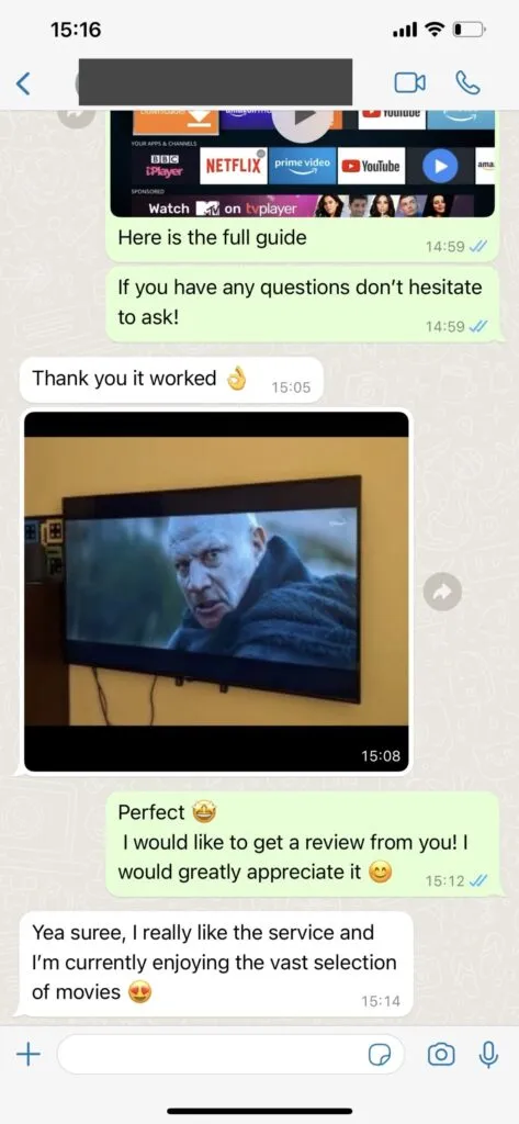Real WhatsApp customer chat screenshot praising streaming speed